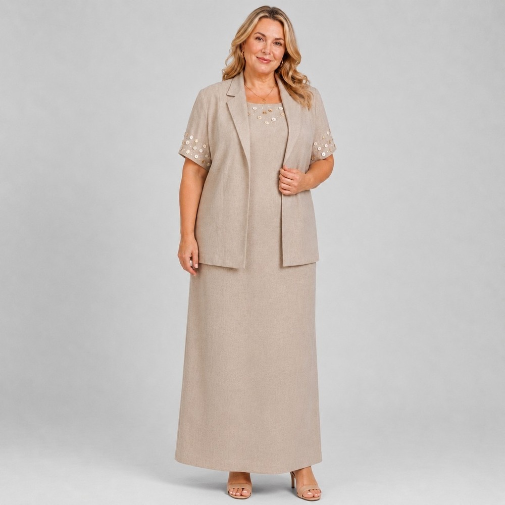 Vintage JESSICA HOWARD Size 22 Linen Blend Beaded Maxi Shift Dress & Jacket Set